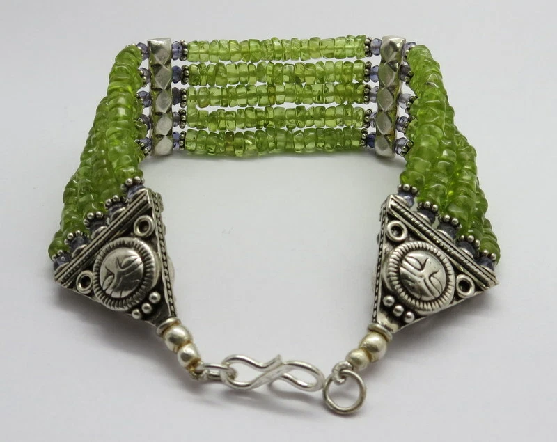 01 Chokar Bracelet Natural Gemstone Peridot 925 Silver Antique Beads 8" Long    - Image 3 of 4