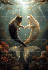 MERMAID CATS ART PRINT, Heart Shaped Poster, Animal Kitty Siren Cat Decor E905