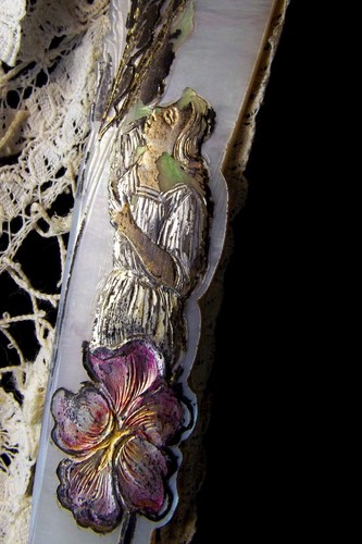 Rare Antique Mother of Pearl Hand Fan Rare Lace Coloured Foil eventail nacre - Picture 2 of 13