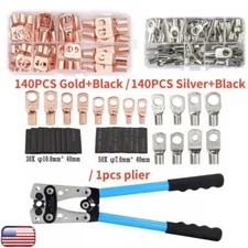 140PCS Cable Lugs Copper Ring Crimp Terminal/Plier Car Battery Wire Connectors