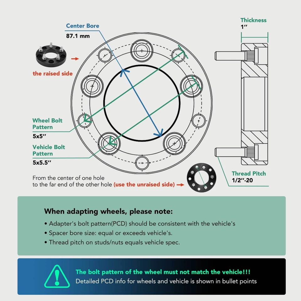 4 peças 5 x 5,5" a 5 x 5" adaptadores de roda 1/2-20 87,1 mm 1" para Ford F-150 5-Lug - Imagem 3 de 4