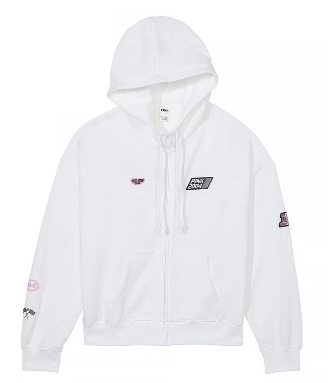 UNDERCOVER FELPA CON CAPPUCCIO VICTORIA'S SECRET ROSA RELAXED FULL ZIP L NUOVA CON ETICHETTE ? BIANCA RACING OVERSIZE
