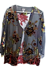Womans Citron Santa Monica Sheer Black Floral Beaded Burnout Blouse Top Size M