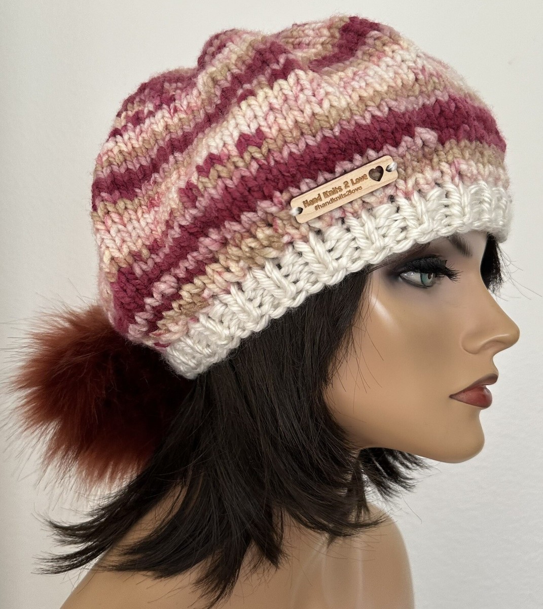 Hand Knits 2 Love Slouch Beanie Hat Cap Fur Pom Pom Ombré  display picture 3