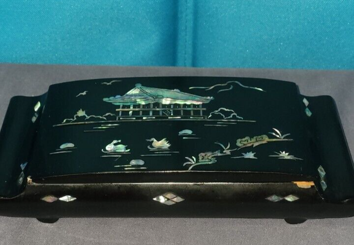 Japanese Cigarette Box w/ ashtray Black Lacquer Vintage Mother-of