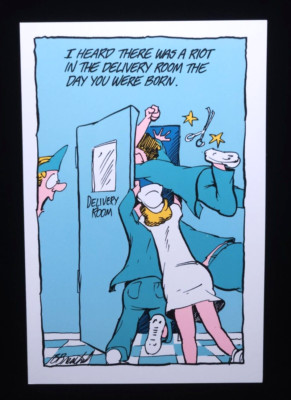 Vtg 1993 Opus n Bill DELIVERY ROOM RIOT Funny Baby Greeting Card+Env FREE SHIP