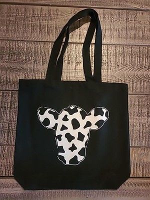 Canvas Black Tote Bag With Cow Printed Outline