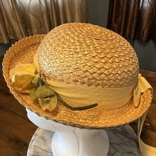 VTG 60s MCM Child Straw Hat Yellow Ribbon Floral Flower Girl