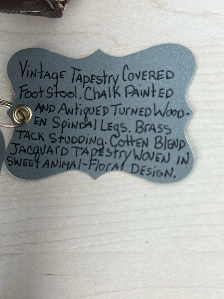 Vintage Tapestry Footstool Ottoman w/ Chalk Painted Wood Legs 10” - Image 2 of 4