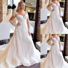 Romantic Wedding Dresses V Neck Long Sleeves A Line Sweep Train Bridal Gown