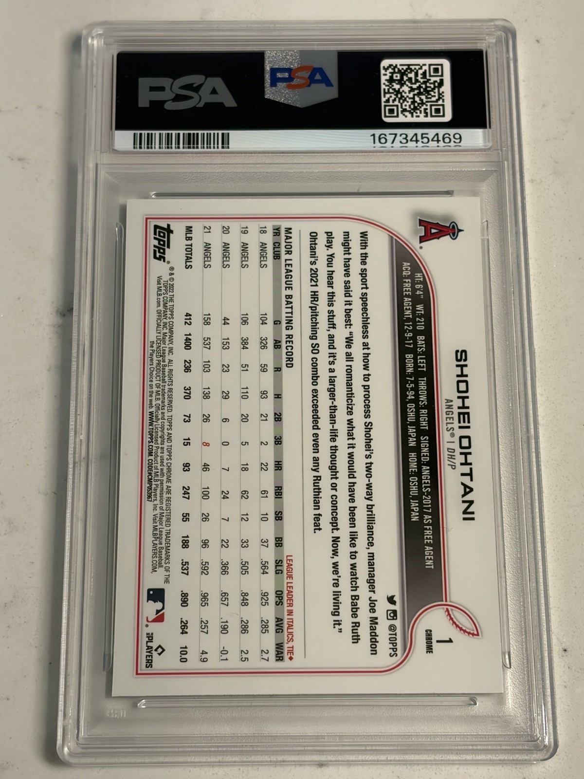2022 TOPPS CHROME X-FRACTOR #1 SHOHEI OHTANI PSA 10 GEM MINT view 2