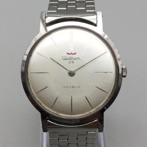 Vintage Waltham 25 Jewels Mens Watch 34mm Silver Tone 1960's Swiss Stretch