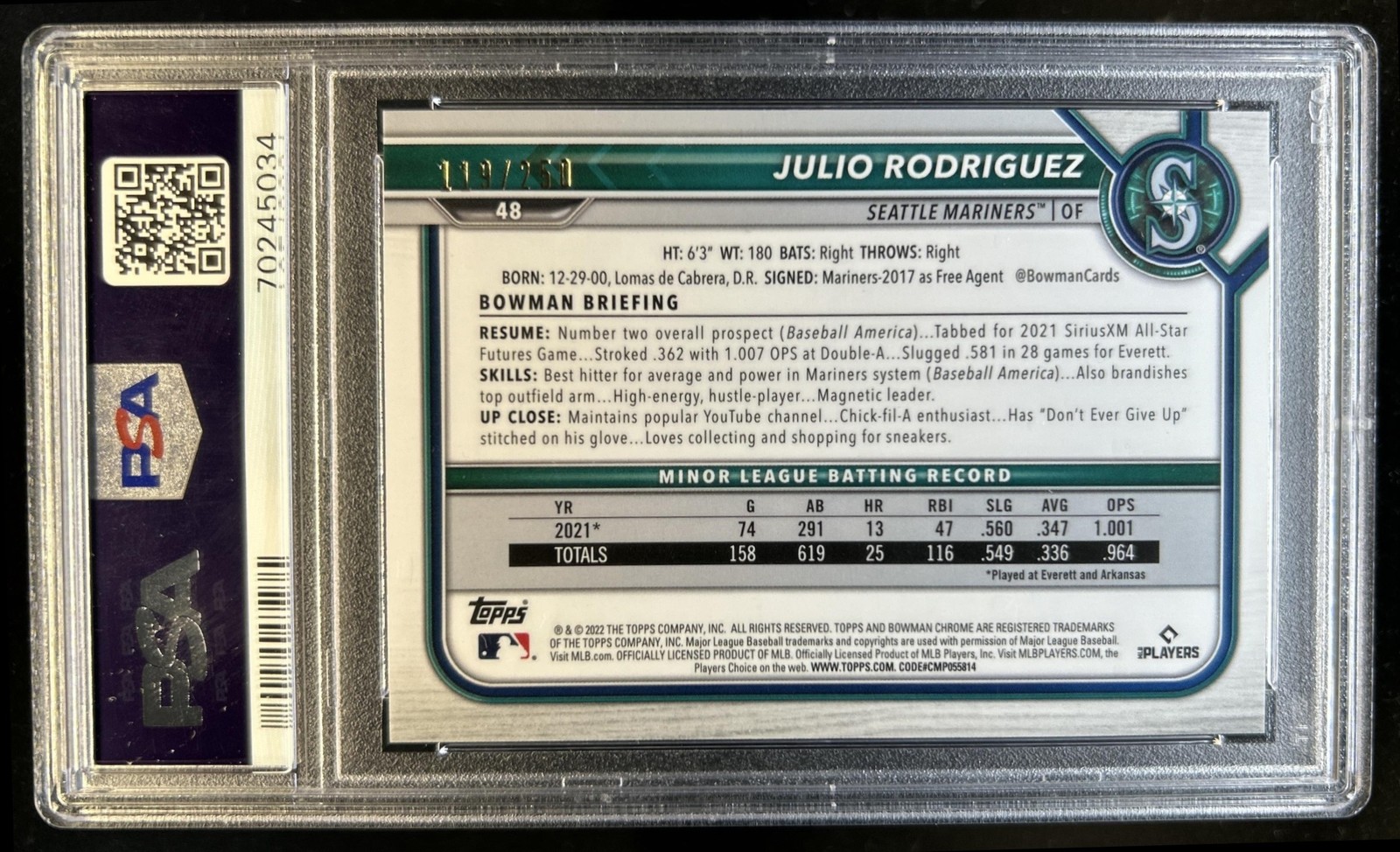 2022 Bowman Chrome Julio Rodriguez RC Purple Refractor #/250 Mariners PSA 10 view 2