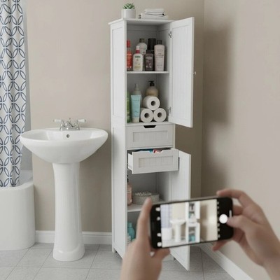 67'' Tall White Bathroom Cabinet with Adjustable Shelves & 2 Doors - Modern St...