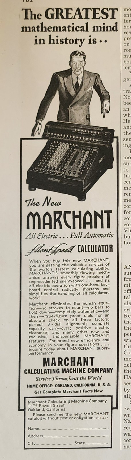 Marchant Calculator Picture Magazine Ad Original Vtg 1937 Decor Greatest Mind-image