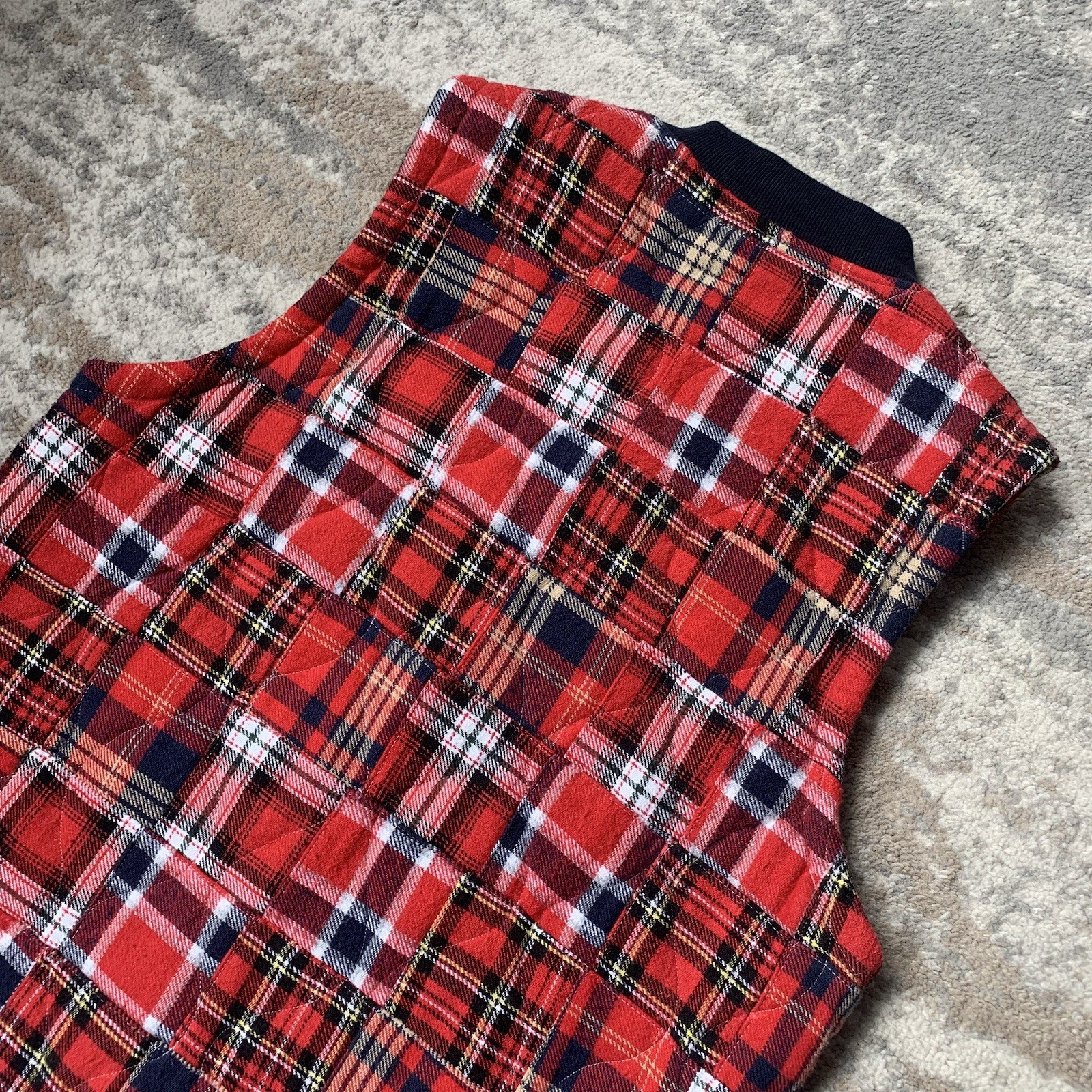 Universal Works Patchwork Vest Medium Red Navy Ch… - image 5