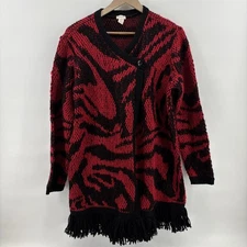 Chicos Cardigan Sweater Women’s 3 Red Black Fringe Knit Tunic Wool Blend Boho