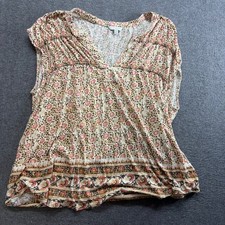 Lucky Brand Womens 1X Floral Boho V-Neck Short Sleeve Blouse Pink Orange Top