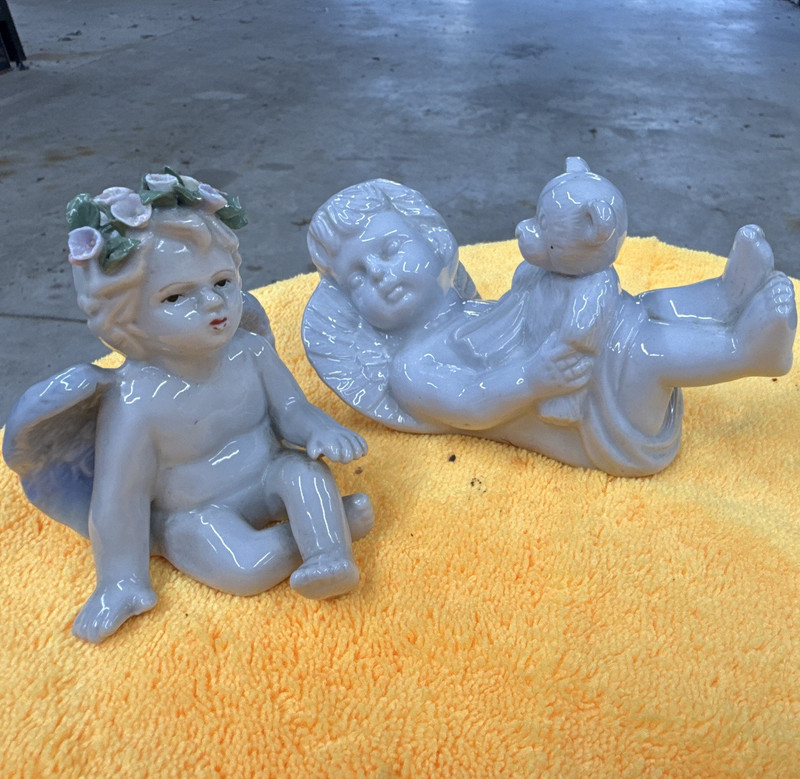 Glossy Porcelain Cherub Angel Figurine White Pink Green Angels Theme Decor