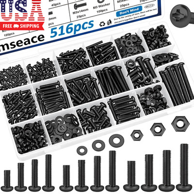 516Pcs Black Nuts and Bolts Assortment Kit 21-Sizes M3/M4/M5/M6 Nut Bolt Washer