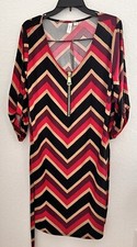 Tacera Dress 1X Midi Chevron Geometric Multicolor V-Neck Half-Zip Stretch Comfy