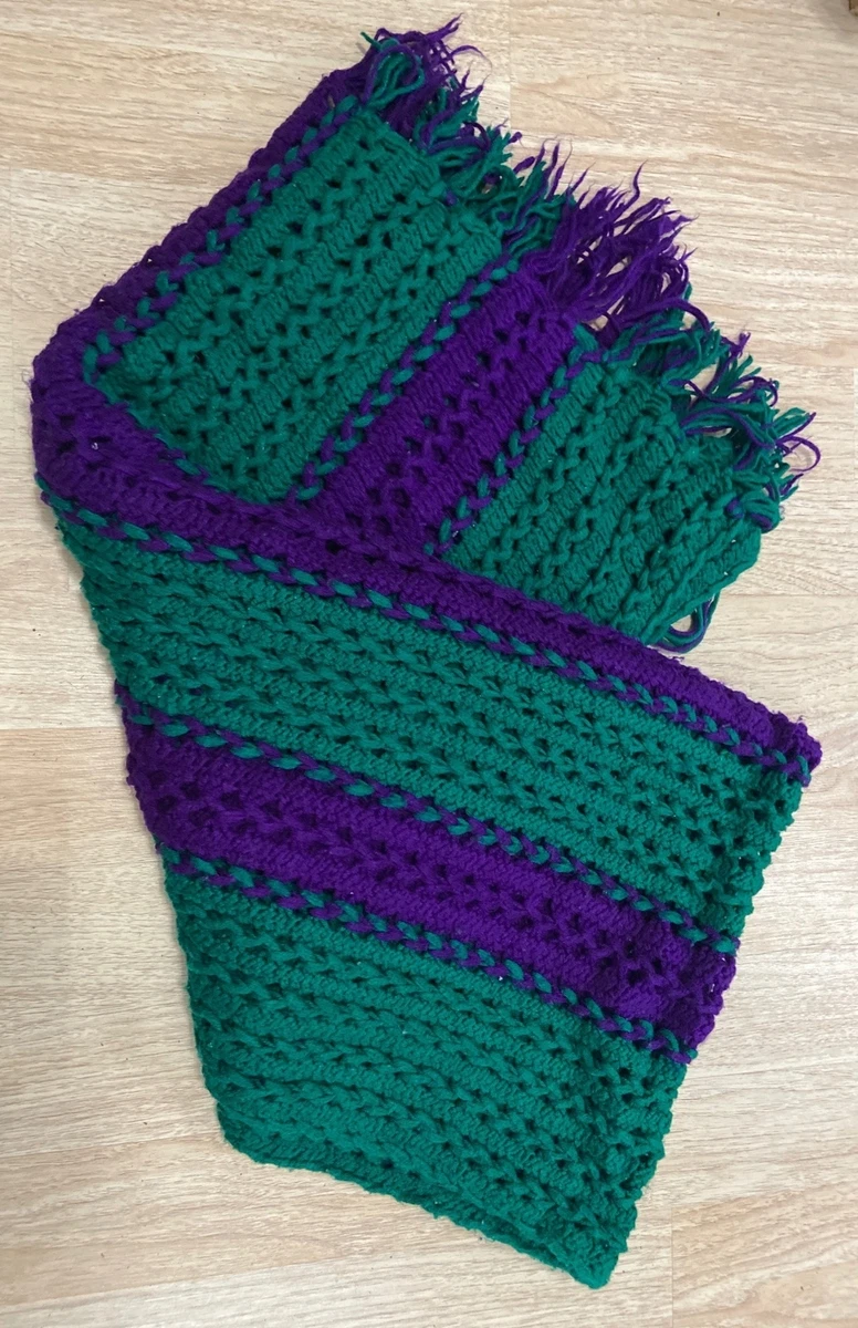 Vintage Handmade Knit Crocket Afghan Blanket Purple Green Throw 87