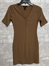 Forever 21 Caramel Brown Ribbed Henley V-Neck Fitted T Shirt Dress Size Small