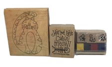 Lot of Rubber Stamps Cat Themed Gently Used Big Cat, Word Stamp,  3 Stamps Ink