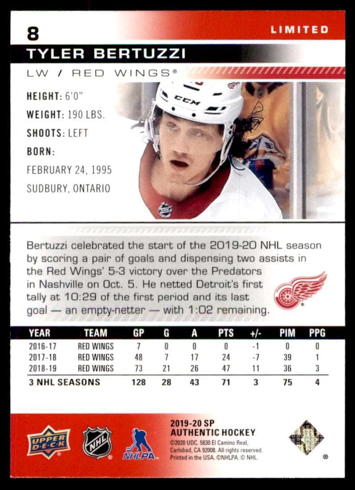 2019-20 SP Authentic Limited Red Tyler Bertuzzi #8 - Image 2 of 2