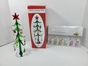 Art Glass Wine Charm Christmas Tree & 14 Wine Glass Charms