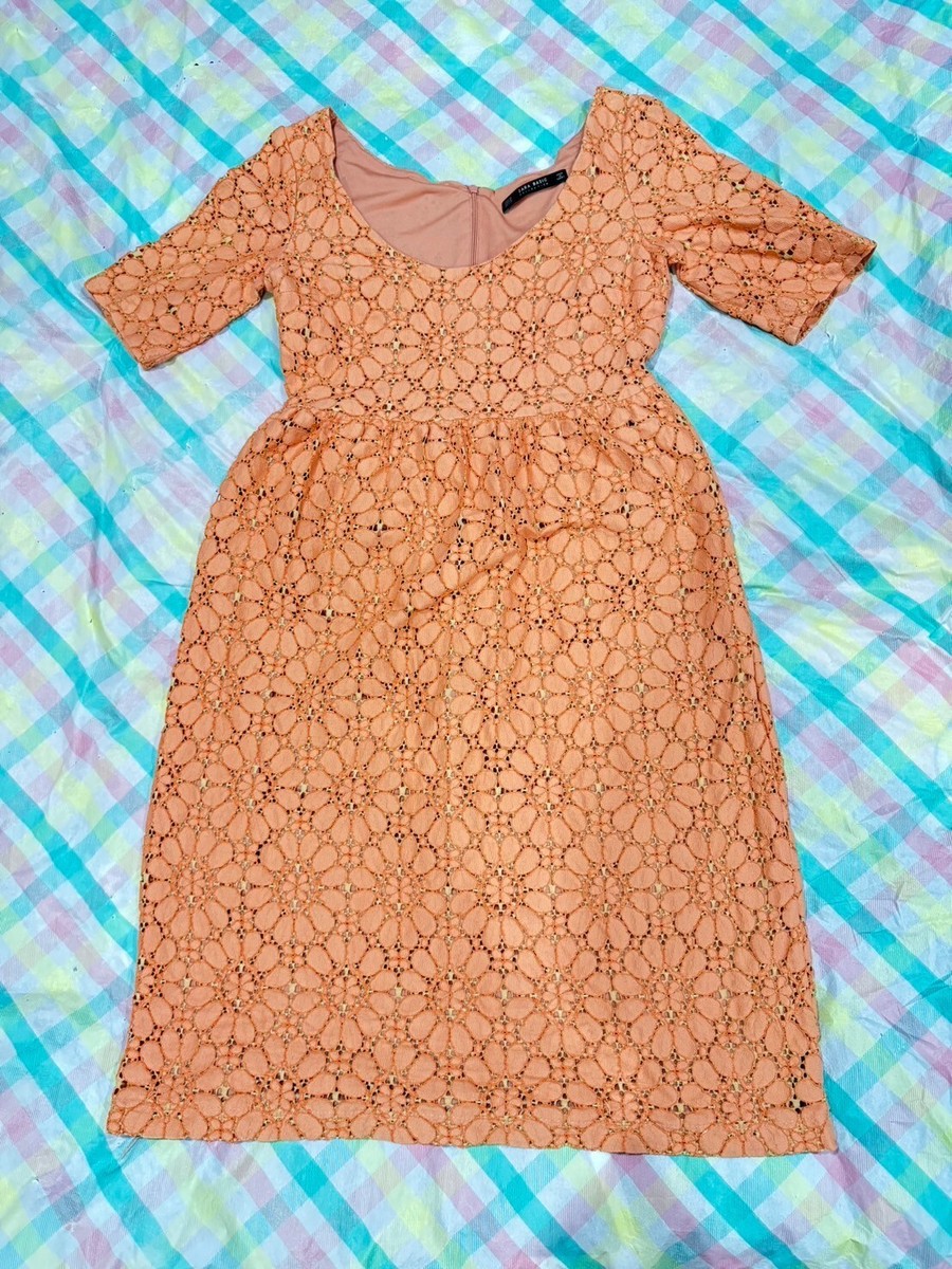 Zara Basic Peach Dress Size XS Floral Lace Eyelet Midi Dress | eBay