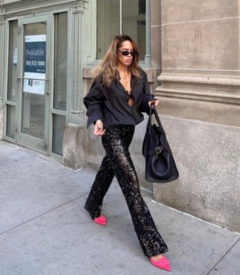 ZARA NEW FLARED SEQUINNED LEGGINGS/Pants DARK Black S-L 9860/221