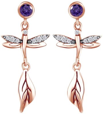 Simulated Amethyst & Simulated Diamond Dragonfly Drop Earrings 14K Gold Plated
