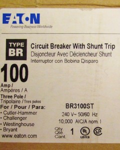 EATON CUTLER HAMMER BR3100ST 3 Pole 100 Amp Type BR 120-240V Shunt Trip