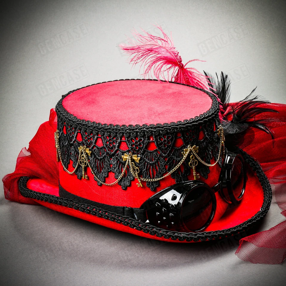 Sombrero de copa ROJO Steampunk Burning Man para mujer con gafas y encaje para la cabeza de fiesta Foto 4 de 4