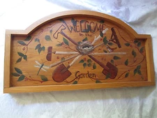 Welcome to the Garden Folk Art Hand Painted Wood Sign / Tray / Table Top - Bird
