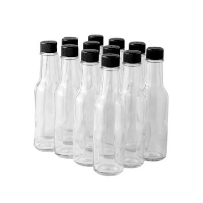 12 Pack 5 Oz Clear Woozy Hot Sauce Bottles Black Caps/Reducer