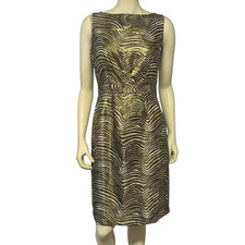 Tory Burch Sz 6 Elsbeth Zebra Stripe Sheath Dress Metallic Gold Silk Brocade