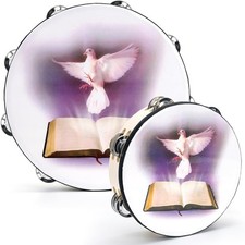 2 Pack 10" and 8" Dove  Bible Church Tambourine Set, Wooden Hand Held Percussio