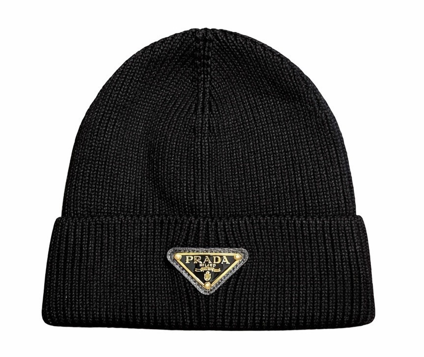 Unisex Black Prada Beanie Hat Virgin Wool Technical Re-Nylon Gold