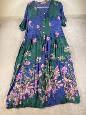 La Cera Blue/Green Flowers Dress Midi Woman Size Large Button Up Preown (A17-35)