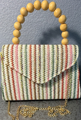 Haute Hippie Multicolor Woven Top Handle Bag w/ Wooden Handle, Chain Strap