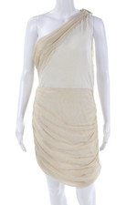 Alice + Olivia Womens One Shoulder Knit Trim Ruched Sheath Dress Beige Large