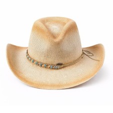 C.C Straw Cowboy Hat Beige Western Fedora Beaded Band Adjustable Unisex