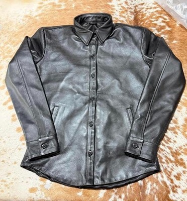 Men's Black Genuine Lambskin Leather Shirt Casual Fitted Button Down Shirt