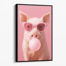 Pig With Sunglasses Blowing Pink Bubble Gum Retro Animal Canvas Wall Art Print