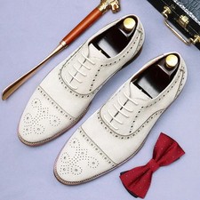 Bespoke Men's Handmade White Leather Oxford Brogue Cap-Toe Lace Up Formal Shoes