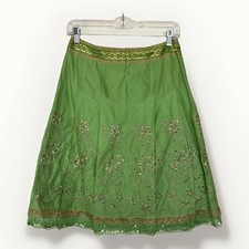 Vtg Express Y2K Midi Skirt Green Metallic Embroidered Beaded Fairycore Boho Sz 2