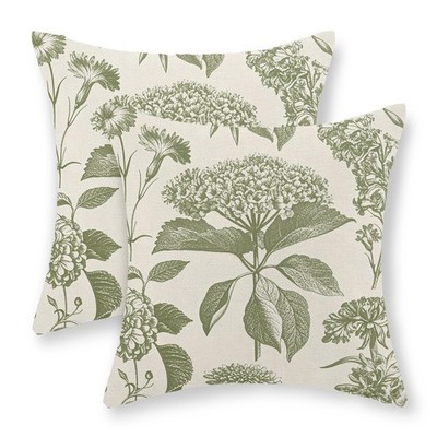 Sage Green Pillow Covers 18x18 Set of 2 Boho Floral Hydrangea Herbs Botanical...