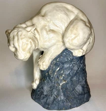 Vint Joseph Lorkowski Boulton JL Alabaster Mountain Lion Cougar Sculpture Statue